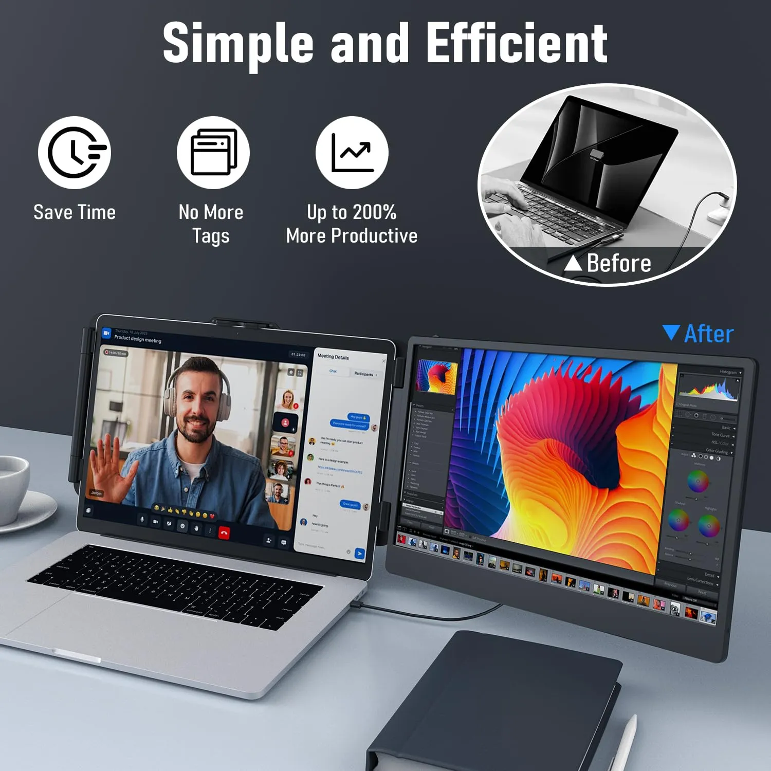 14.2" Laptop Screen Extender, 1080P FHD IPS Laptop Monitor Extender Dual Screen USB C HDMI, Plug-Play Portable Monitor for Laptops for 13"-17.3" Laptops, Compatible for Mac/Wins/Android/Switch