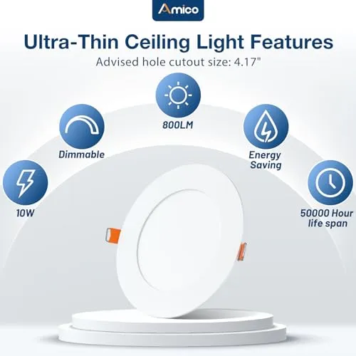 Amico 24 Pack 4 Inch 5CCT Ultra-Thin LED Recessed Ceiling Light with Junction Box, 2700K/3000K/3500K/4000K/5000K Selectable, 800 Lumens, Dimmable Canless Wafer Downlight, 10W Eqv 60W-ETL&FCC