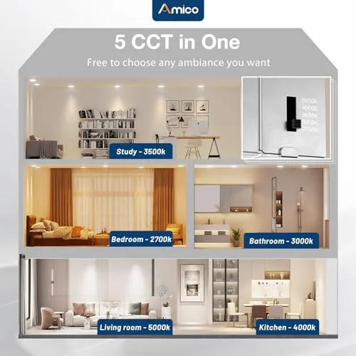 Amico 24 Pack 4 Inch 5CCT Ultra-Thin LED Recessed Ceiling Light with Junction Box, 2700K/3000K/3500K/4000K/5000K Selectable, 800 Lumens, Dimmable Canless Wafer Downlight, 10W Eqv 60W-ETL&FCC