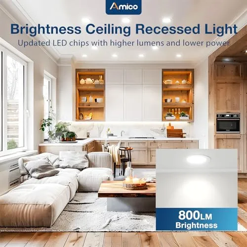 Amico 24 Pack 4 Inch 5CCT Ultra-Thin LED Recessed Ceiling Light with Junction Box, 2700K/3000K/3500K/4000K/5000K Selectable, 800 Lumens, Dimmable Canless Wafer Downlight, 10W Eqv 60W-ETL&FCC