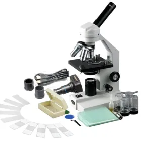 AmScope M500 Series Student Monocular Compound Microscope 40X-1600X Magnification with 1MP USB 2.0 Camera and Slides