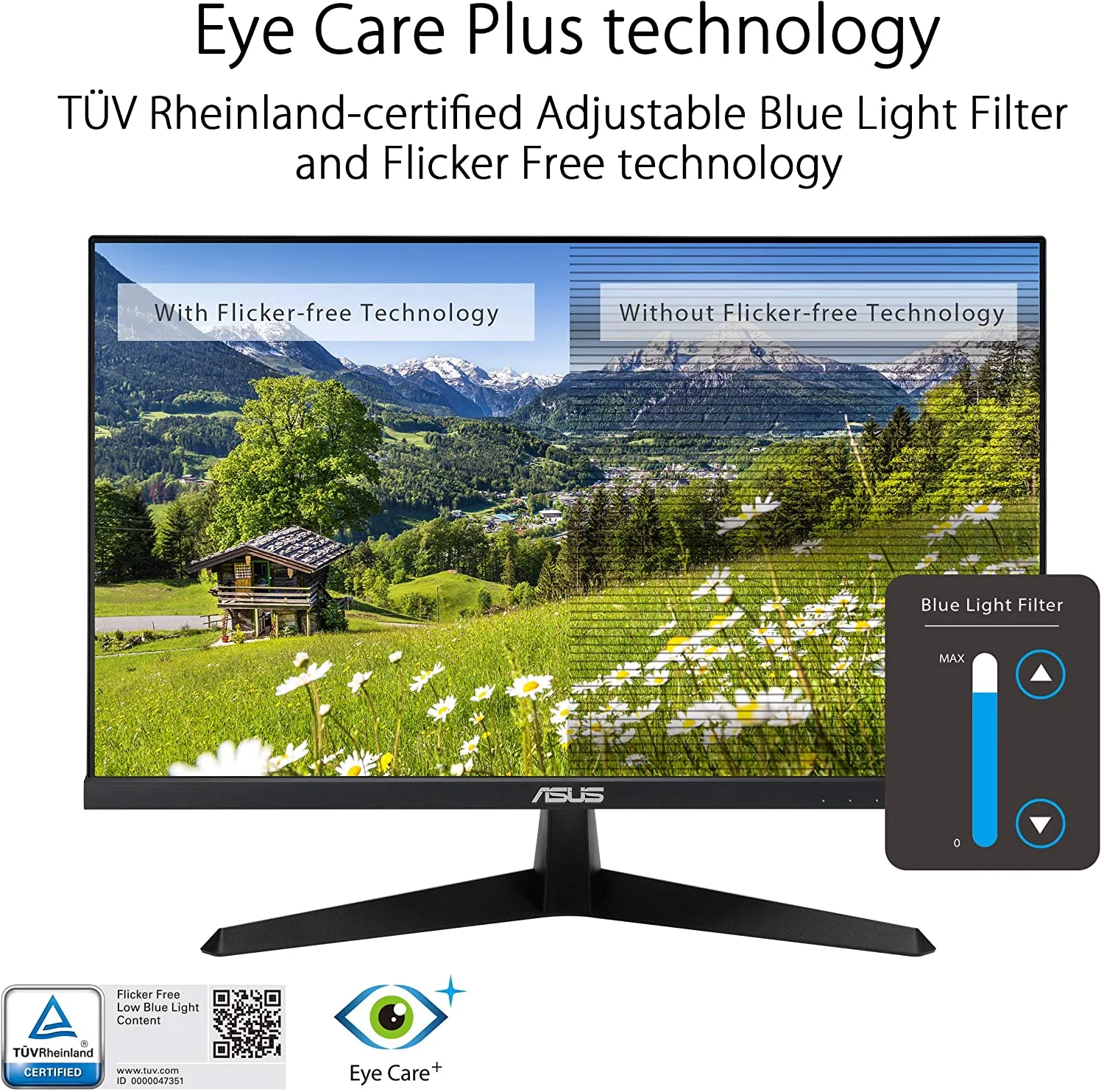 ASUS Monitor VY249HE 23.8” Eye Care Monitor, 1080P Full HD, 75Hz, IPS, Adaptive-Sync/FreeSync, Eye Care Plus, Color Augmentation, Rest Reminder, HDMI VGA, Frameless, VESA Wall Mountable
