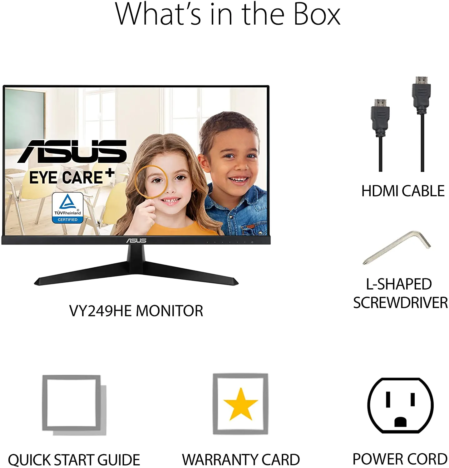 ASUS Monitor VY249HE 23.8” Eye Care Monitor, 1080P Full HD, 75Hz, IPS, Adaptive-Sync/FreeSync, Eye Care Plus, Color Augmentation, Rest Reminder, HDMI VGA, Frameless, VESA Wall Mountable