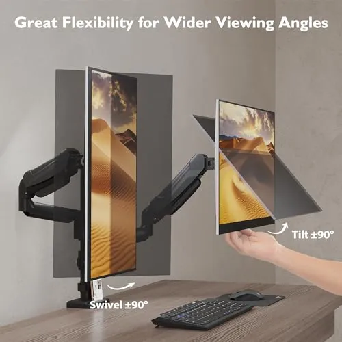 BONTEC Dual Monitor Mount for 13-32 Inch Screens, Tall Computer Monitor Stand, Adjustable Gas Spring Monitor Arm with Tilt, Swivel, Rotation, VESA 75x75, 100x100mm, Holds Up to 19.8lbs