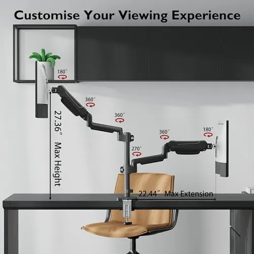 BONTEC Dual Monitor Mount for 13-32 Inch Screens, Tall Computer Monitor Stand, Adjustable Gas Spring Monitor Arm with Tilt, Swivel, Rotation, VESA 75x75, 100x100mm, Holds Up to 19.8lbs
