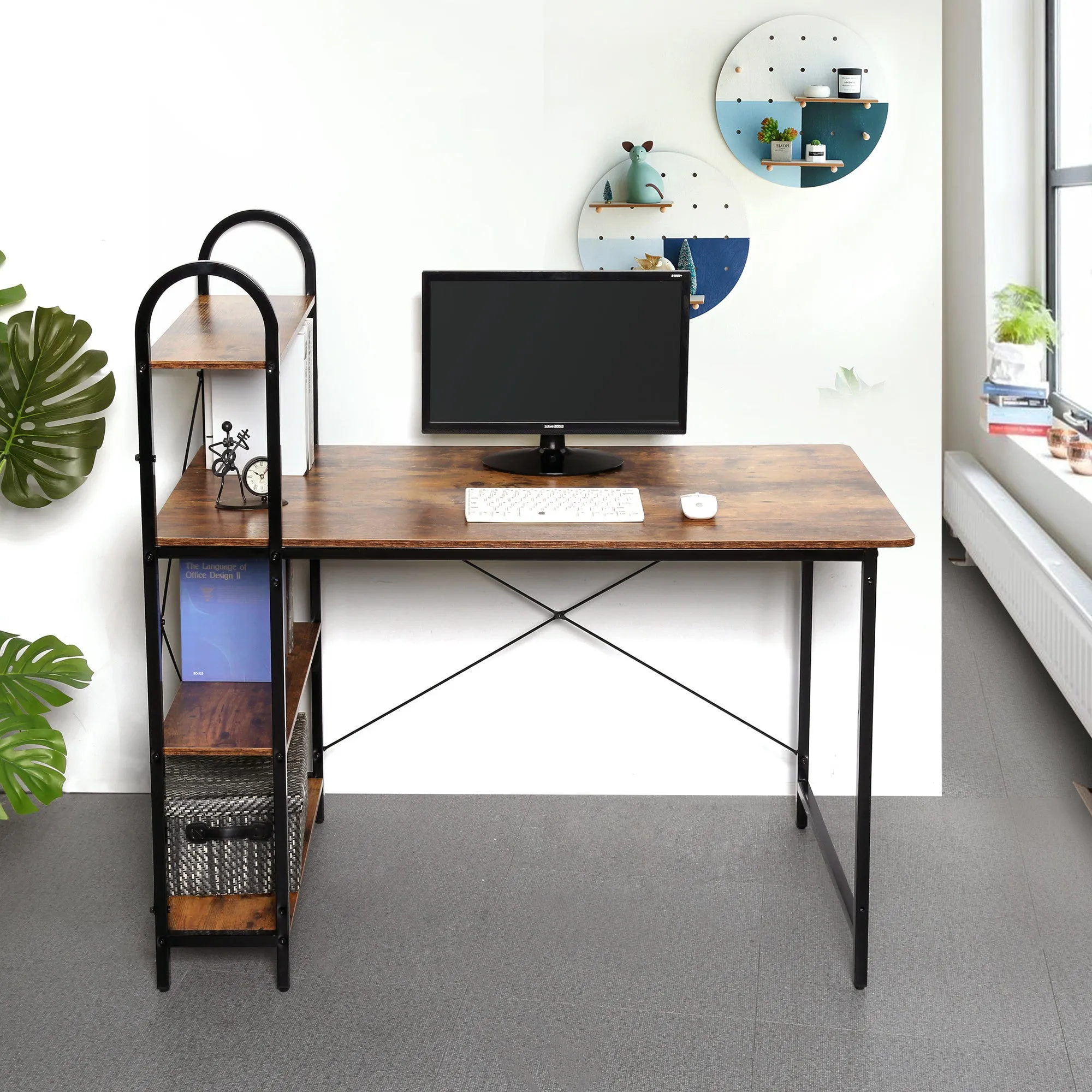 Computer Desk With Shelves, Rustic/Black