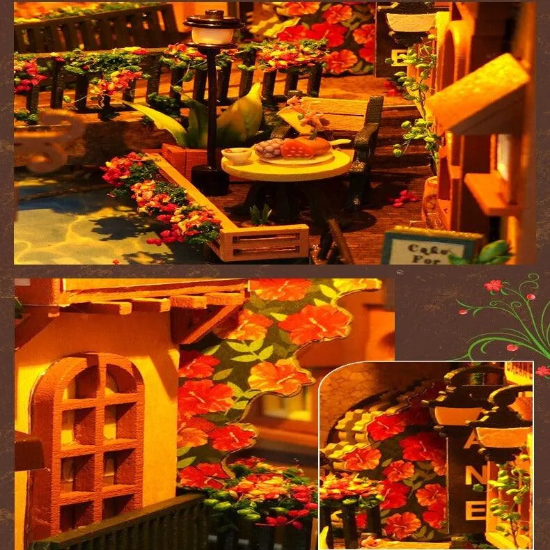 DIY Book Nook Kits Butterfly In Forest - Colmar Town Coffee Shop Book Shelf Insert Firefly Forest Alley Book Nooks with LED Building Kit