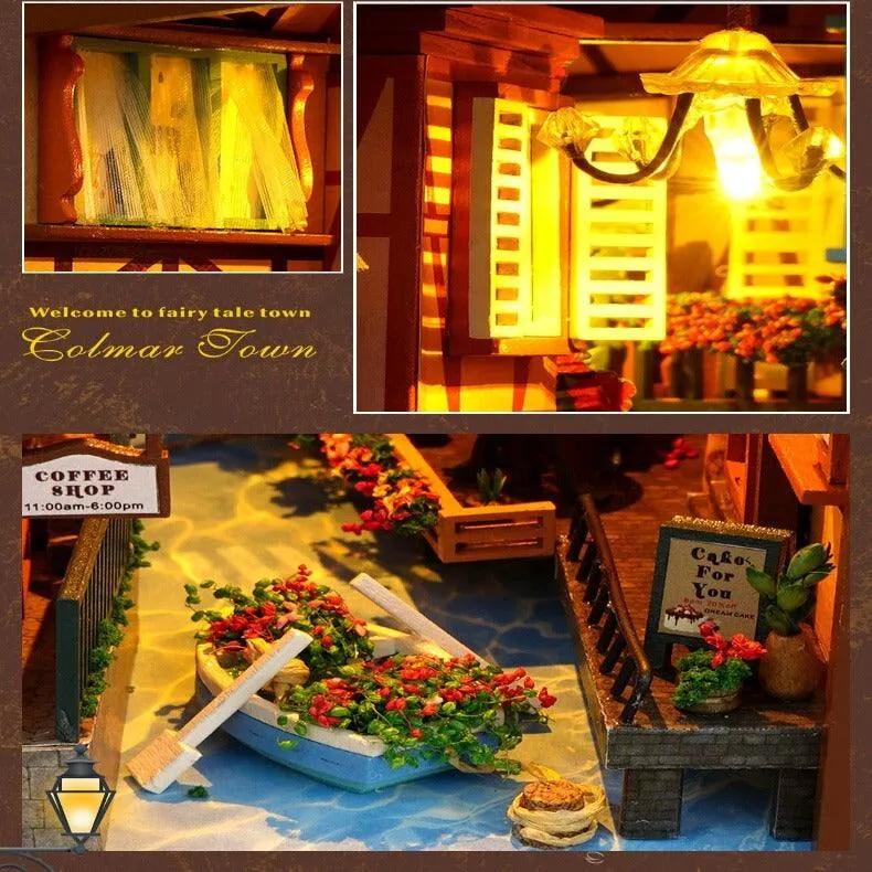 DIY Book Nook Kits Butterfly In Forest - Colmar Town Coffee Shop Book Shelf Insert Firefly Forest Alley Book Nooks with LED Building Kit