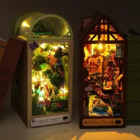 DIY Book Nook Kits Butterfly In Forest - Colmar Town Coffee Shop Book Shelf Insert Firefly Forest Alley Book Nooks with LED Building Kit