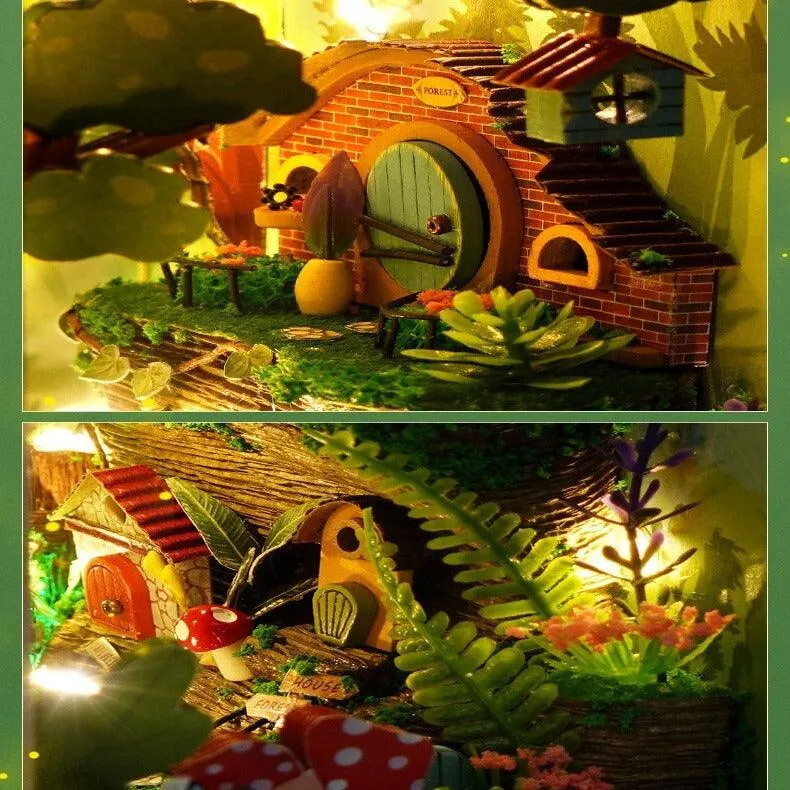 DIY Book Nook Kits Butterfly In Forest - Colmar Town Coffee Shop Book Shelf Insert Firefly Forest Alley Book Nooks with LED Building Kit