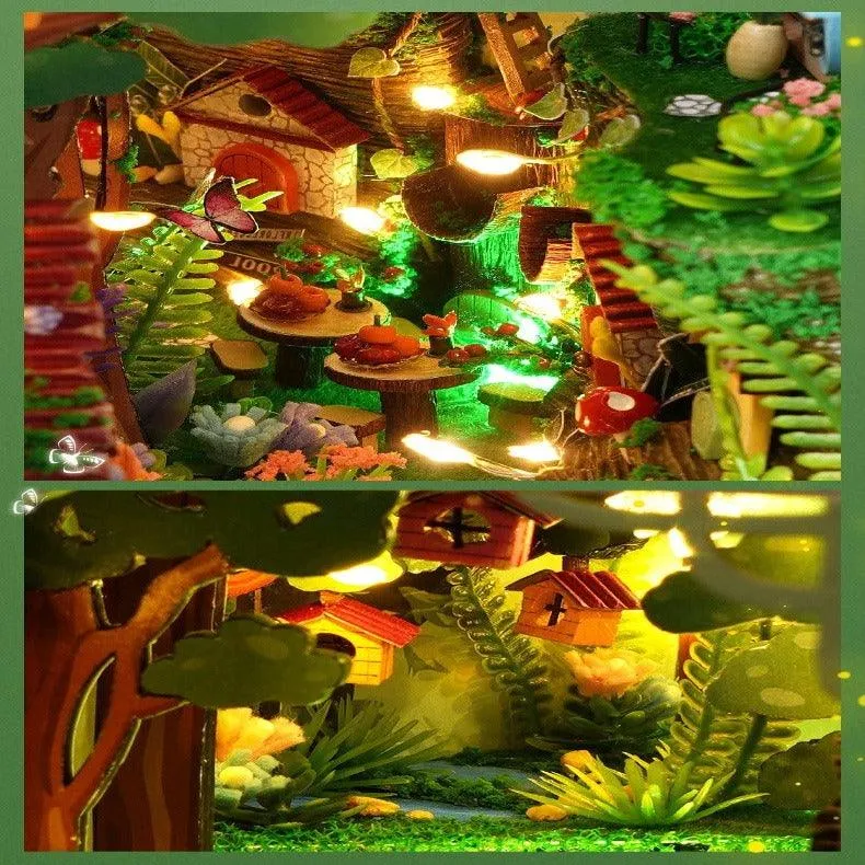 DIY Book Nook Kits Butterfly In Forest - Colmar Town Coffee Shop Book Shelf Insert Firefly Forest Alley Book Nooks with LED Building Kit