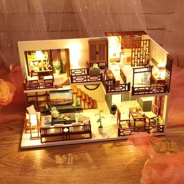 DIY Dollhouse Kit - Modern Living Room Miniature Dollhouse Kit - Duplex Apartment With FREE Dust Cover- Birthday, Christmas Gift Adult Craft