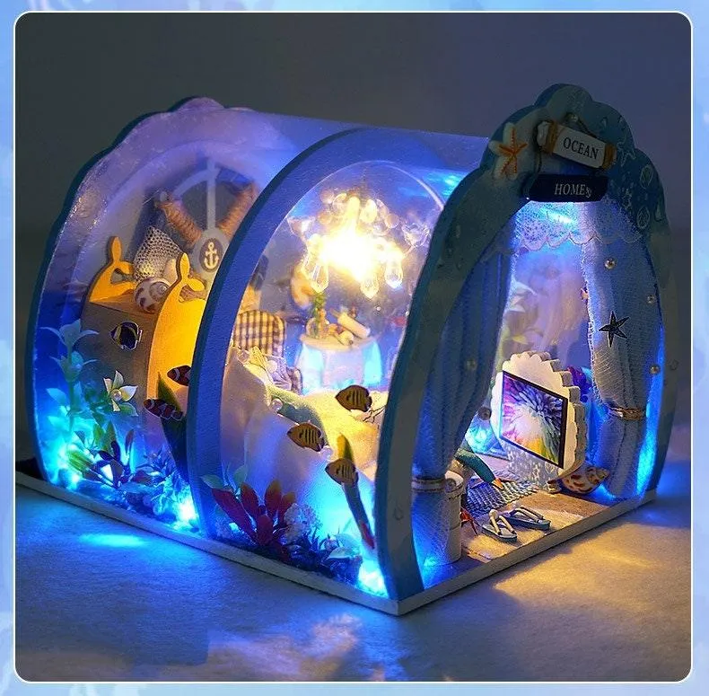 DIY Dollhouse Kit - Ocean Home Hut Style Miniature Doll House Kit - Under The Sea Living Room - Birthday, Christmas Gift Box & Dolls