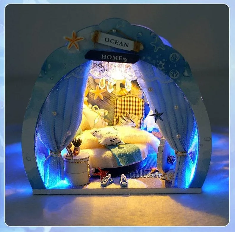 DIY Dollhouse Kit - Ocean Home Hut Style Miniature Doll House Kit - Under The Sea Living Room - Birthday, Christmas Gift Box & Dolls