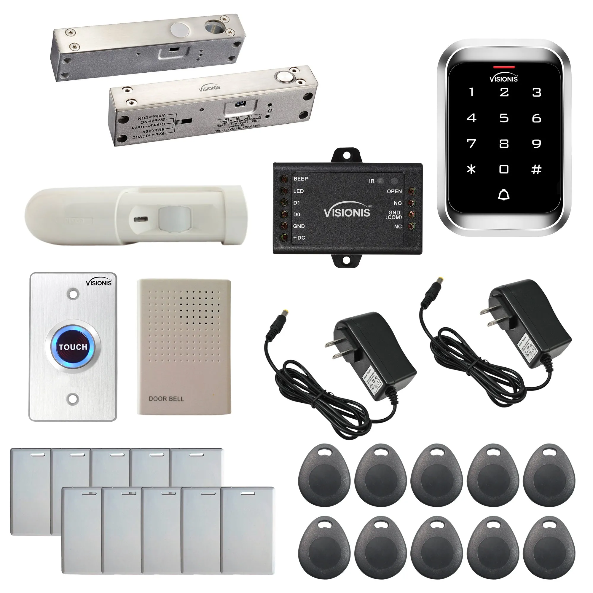 FPC-5462 One Door Access Control 2200lb Electric Drop Bolt Fail Safe For Narrow Doors   Outdoor Keypad / Reader Standalone With Mini Controller   Wiegand 26, No Software, EM Card 1000 Users   PIR Kit