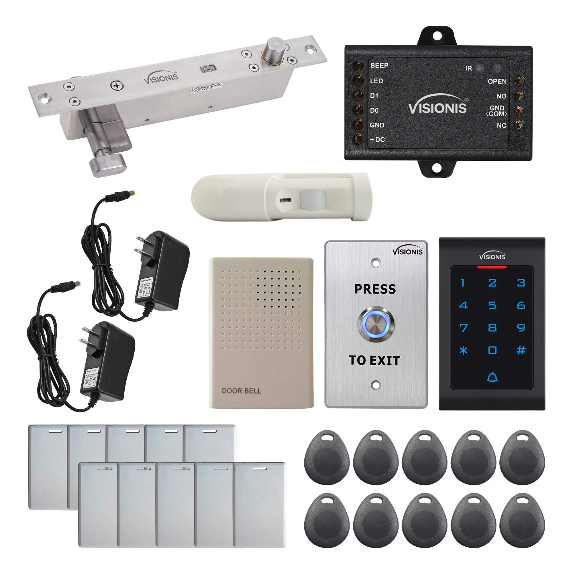 FPC-5554 One Door Access Control 2,600lbs Electric Drop Bolt Fail Secure Key Cylinder   Indoor Use Only Keypad / Reader Standalone With Mini Controller   Wiegand 26, No Software, EM Card   PIR Kit