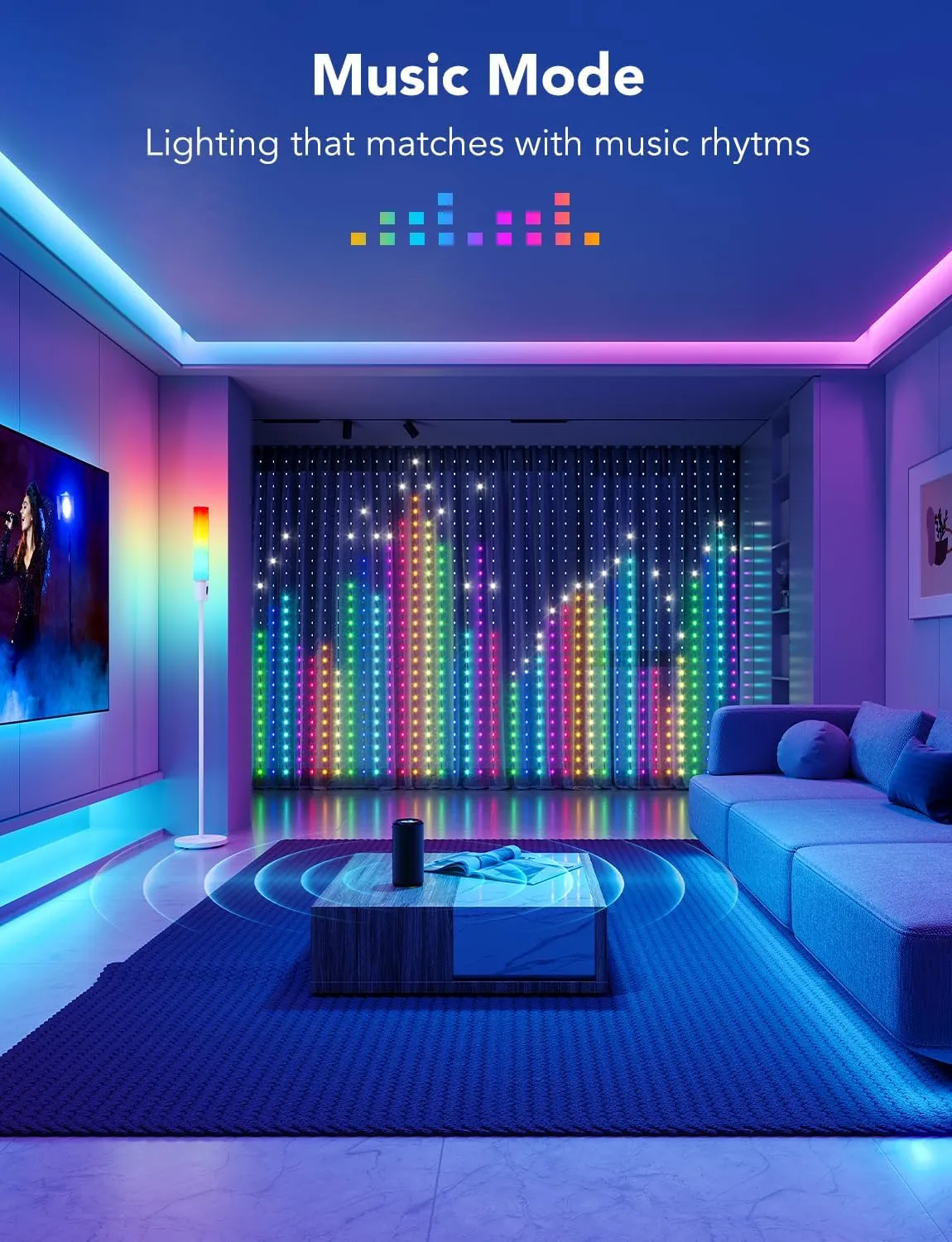 Govee Curtain Lights, Smart LED Curtain Lights, Color Changing Wall Lights, Dynamic DIY Curtain String Lights 5 x 6.6ft