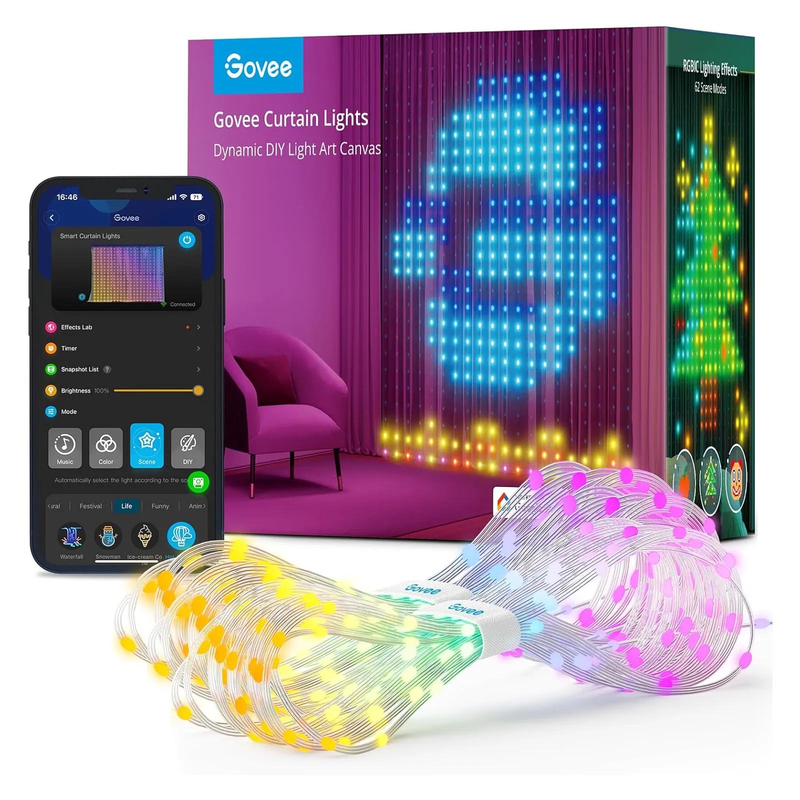 Govee Curtain Lights, Smart LED Curtain Lights, Color Changing Wall Lights, Dynamic DIY Curtain String Lights 5 x 6.6ft
