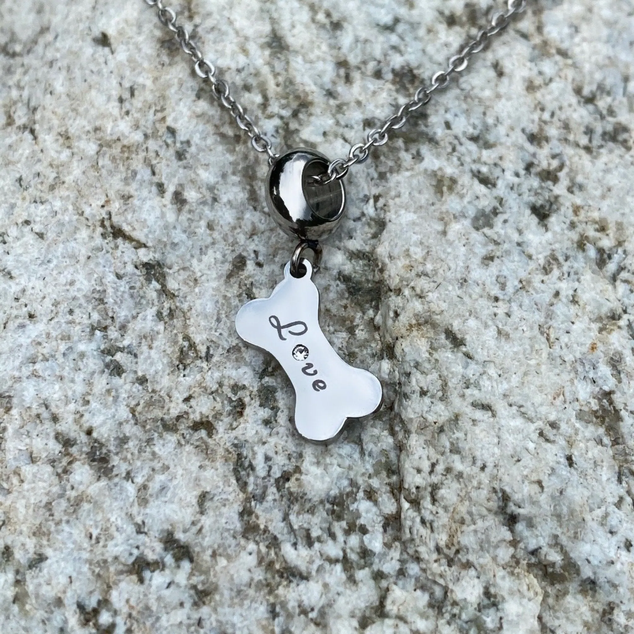 Laser Engraved Love Bone Necklace with gemstone - Artisan Jewelry