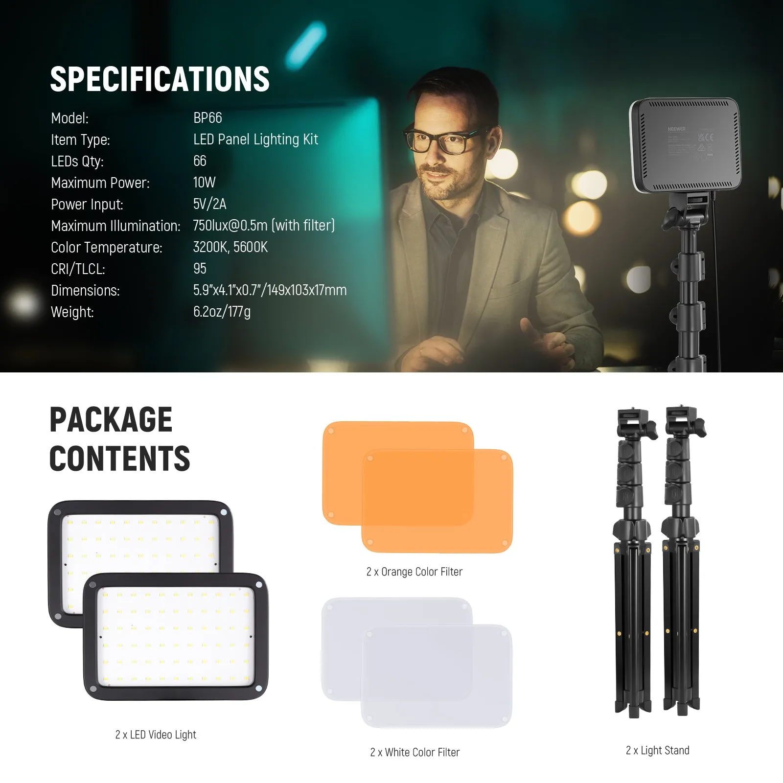 NEEWER BP66 Basic 2 Pack Bi Color Video Light Panel Lighting Kit