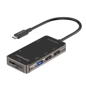 Promate 6-in-1 USB Multi-Port Hub with USB-C Connector, 4K HDMI Port, Dual USB-A 2.0 Ports, 1x USB-A 3.0 5Gbps Port, SD/TF Card Slots, Grey