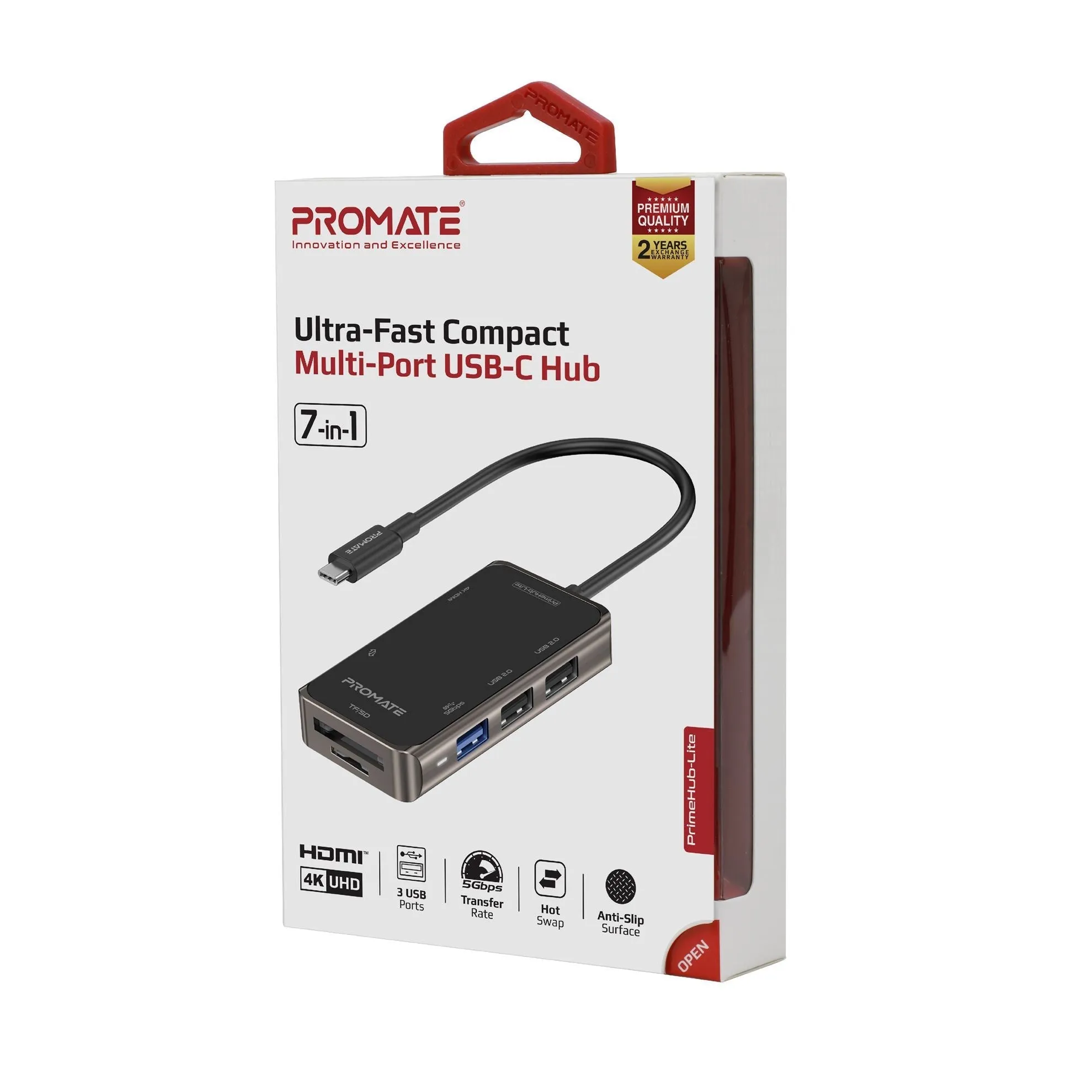 Promate 6-in-1 USB Multi-Port Hub with USB-C Connector, 4K HDMI Port, Dual USB-A 2.0 Ports, 1x USB-A 3.0 5Gbps Port, SD/TF Card Slots, Grey