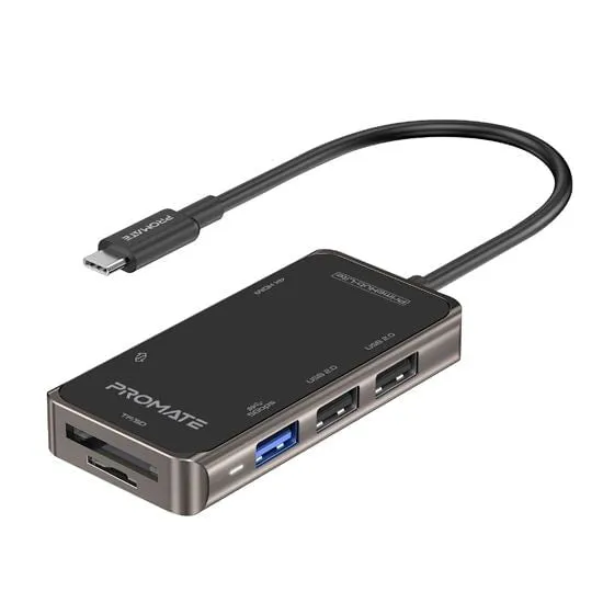 Promate 6-in-1 USB Multi-Port Hub with USB-C Connector, 4K HDMI Port, Dual USB-A 2.0 Ports, 1x USB-A 3.0 5Gbps Port, SD/TF Card Slots, Grey