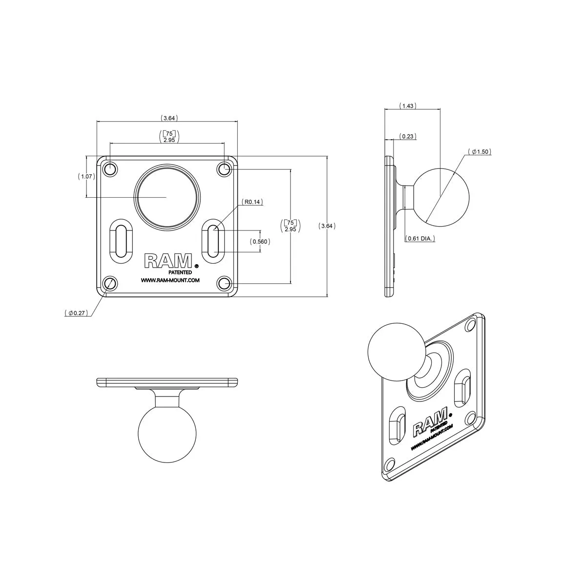 RAM® 75x75mm VESA Plate with Ball - C Size
