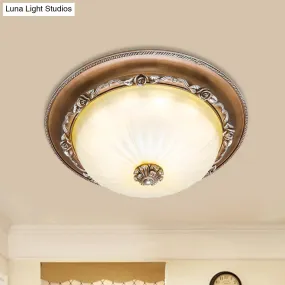 Ribbed Glass Brown Flush Ceiling Light with Domed Shade - LED Farmhouse Flushmount Lamp (14"/16"/19.5" Wide)