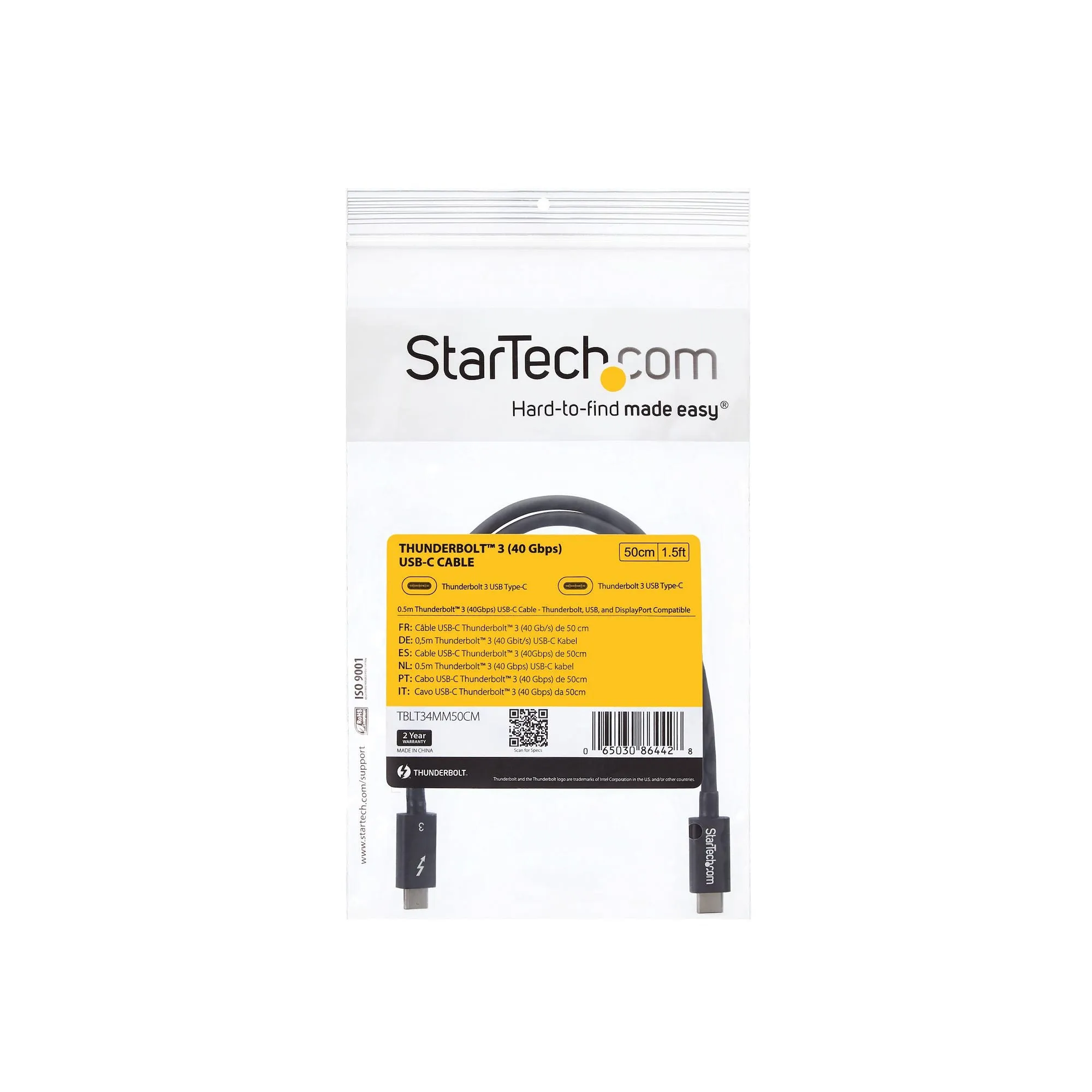 Startech.com 0.5m Thunderbolt 3, 40Gbps USB-C Cable, Thunderbolt USB DP