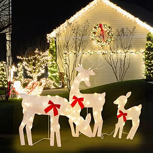 Tinsel Reindeer Family Lighted 2D Deer Christmas Decor, with Clear 60 Count Lights, Light Up Buck, Doe and Fawn Indoor or Outdoor Yard Lawn Festive Holiday Decoration - 3 Pack