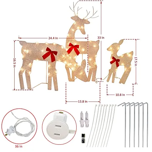 Tinsel Reindeer Family Lighted 2D Deer Christmas Decor, with Clear 60 Count Lights, Light Up Buck, Doe and Fawn Indoor or Outdoor Yard Lawn Festive Holiday Decoration - 3 Pack