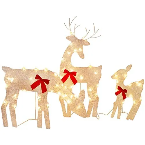 Tinsel Reindeer Family Lighted 2D Deer Christmas Decor, with Clear 60 Count Lights, Light Up Buck, Doe and Fawn Indoor or Outdoor Yard Lawn Festive Holiday Decoration - 3 Pack
