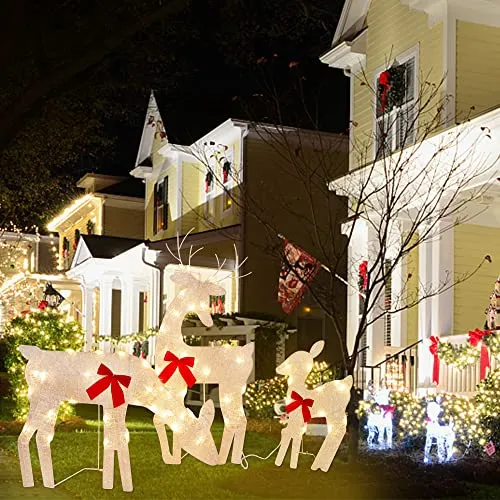Tinsel Reindeer Family Lighted 2D Deer Christmas Decor, with Clear 60 Count Lights, Light Up Buck, Doe and Fawn Indoor or Outdoor Yard Lawn Festive Holiday Decoration - 3 Pack