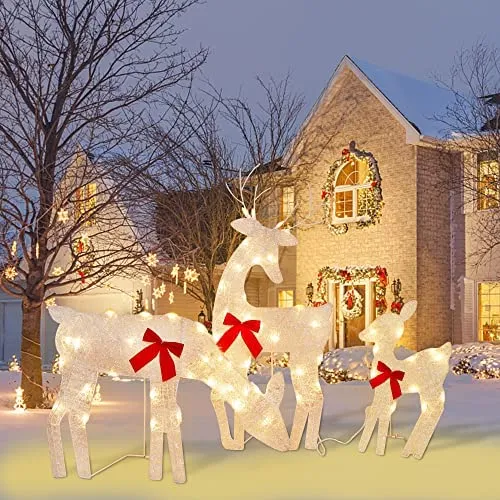 Tinsel Reindeer Family Lighted 2D Deer Christmas Decor, with Clear 60 Count Lights, Light Up Buck, Doe and Fawn Indoor or Outdoor Yard Lawn Festive Holiday Decoration - 3 Pack