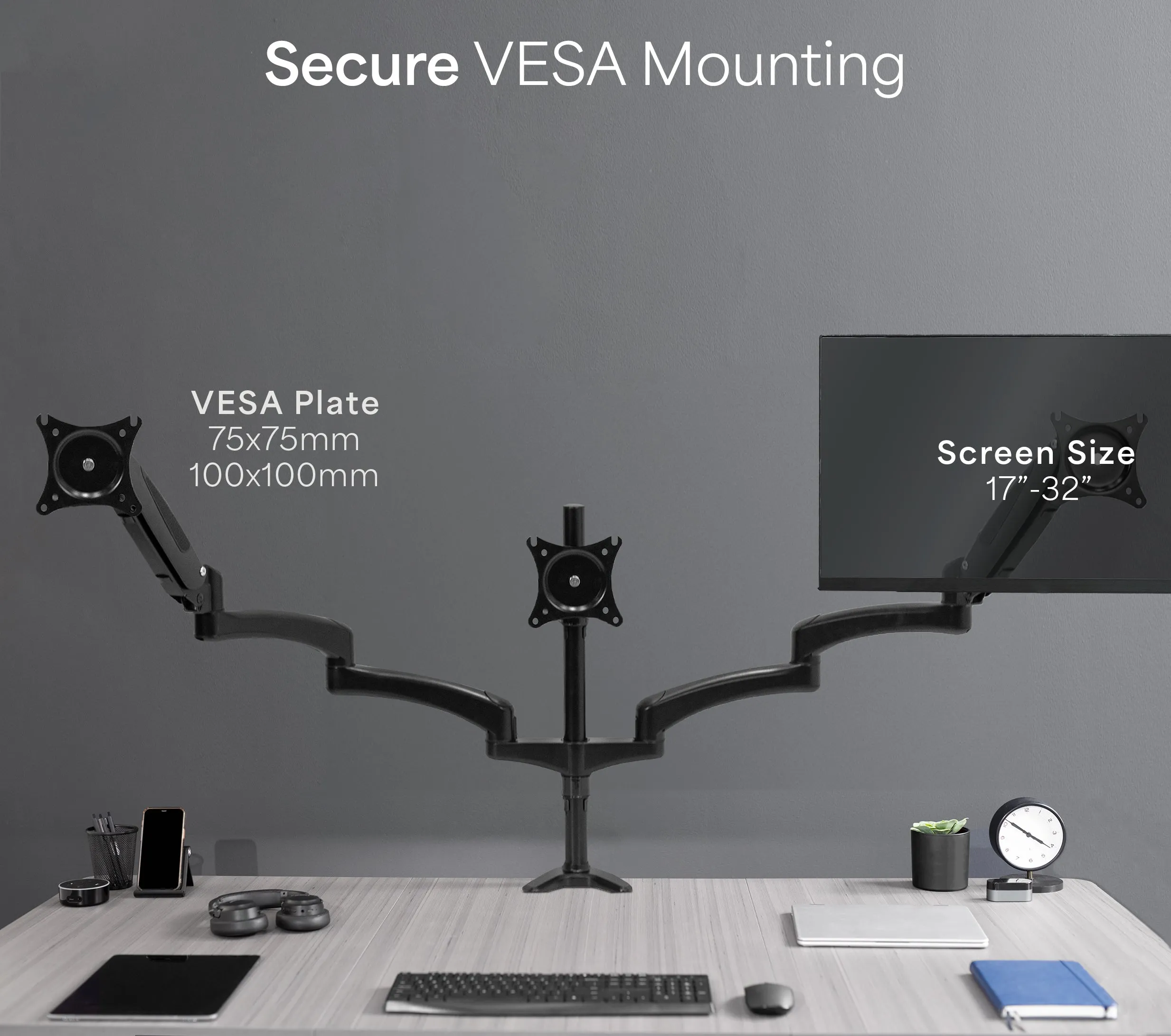 Triple Monitor Desk Mount (2 Pneumatic Arms   1 Fixed)