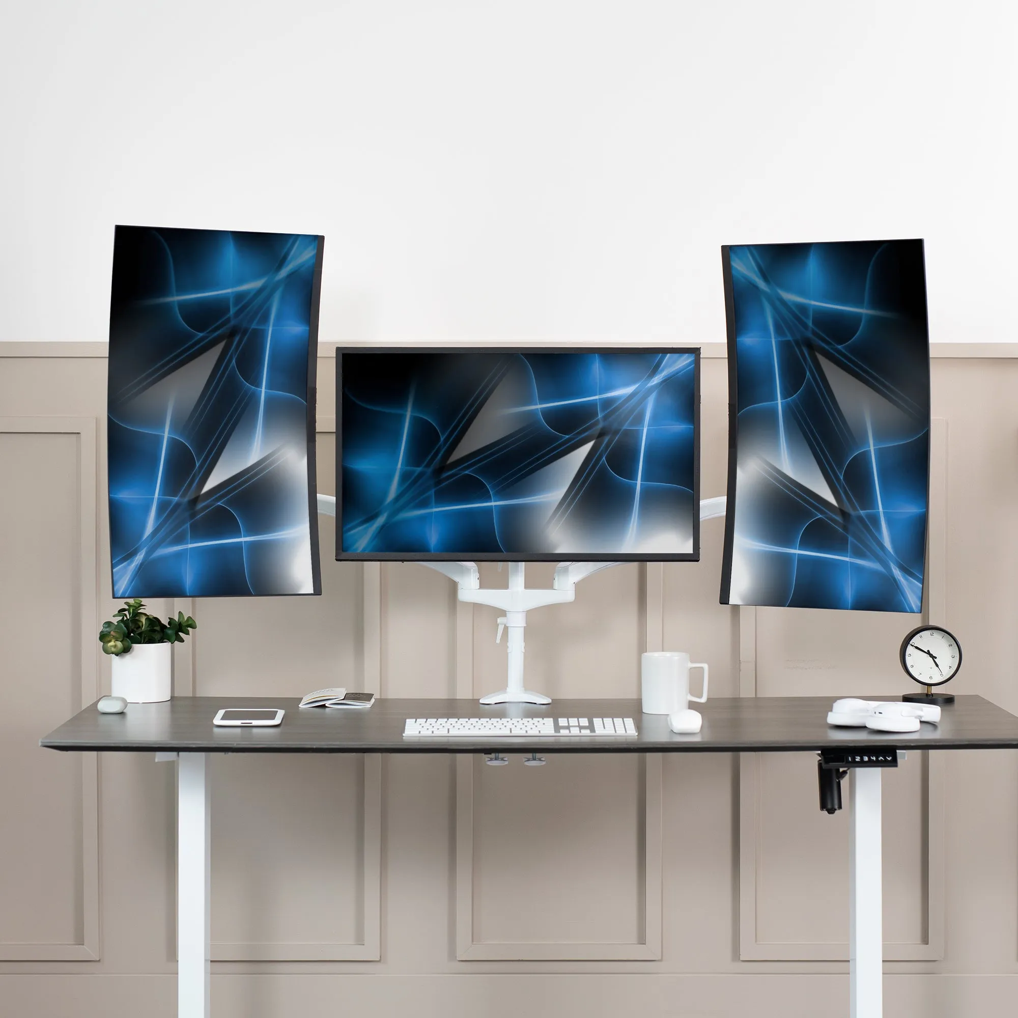 Triple Monitor Desk Mount (2 Pneumatic Arms   1 Fixed)