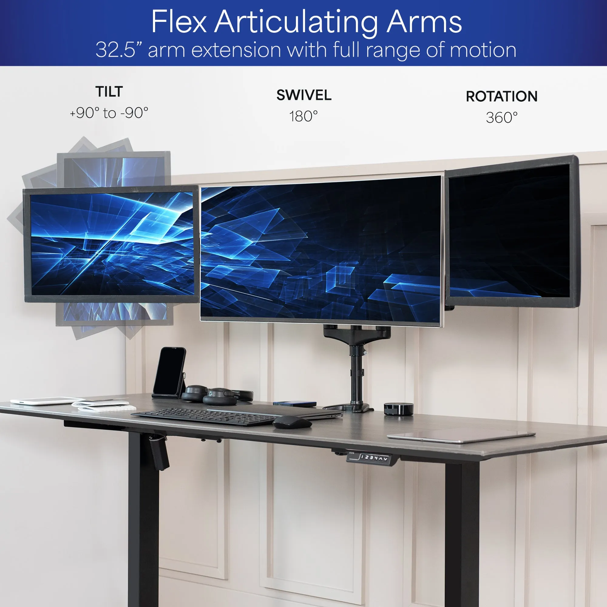 Triple Monitor Desk Mount (2 Pneumatic Arms   1 Fixed)