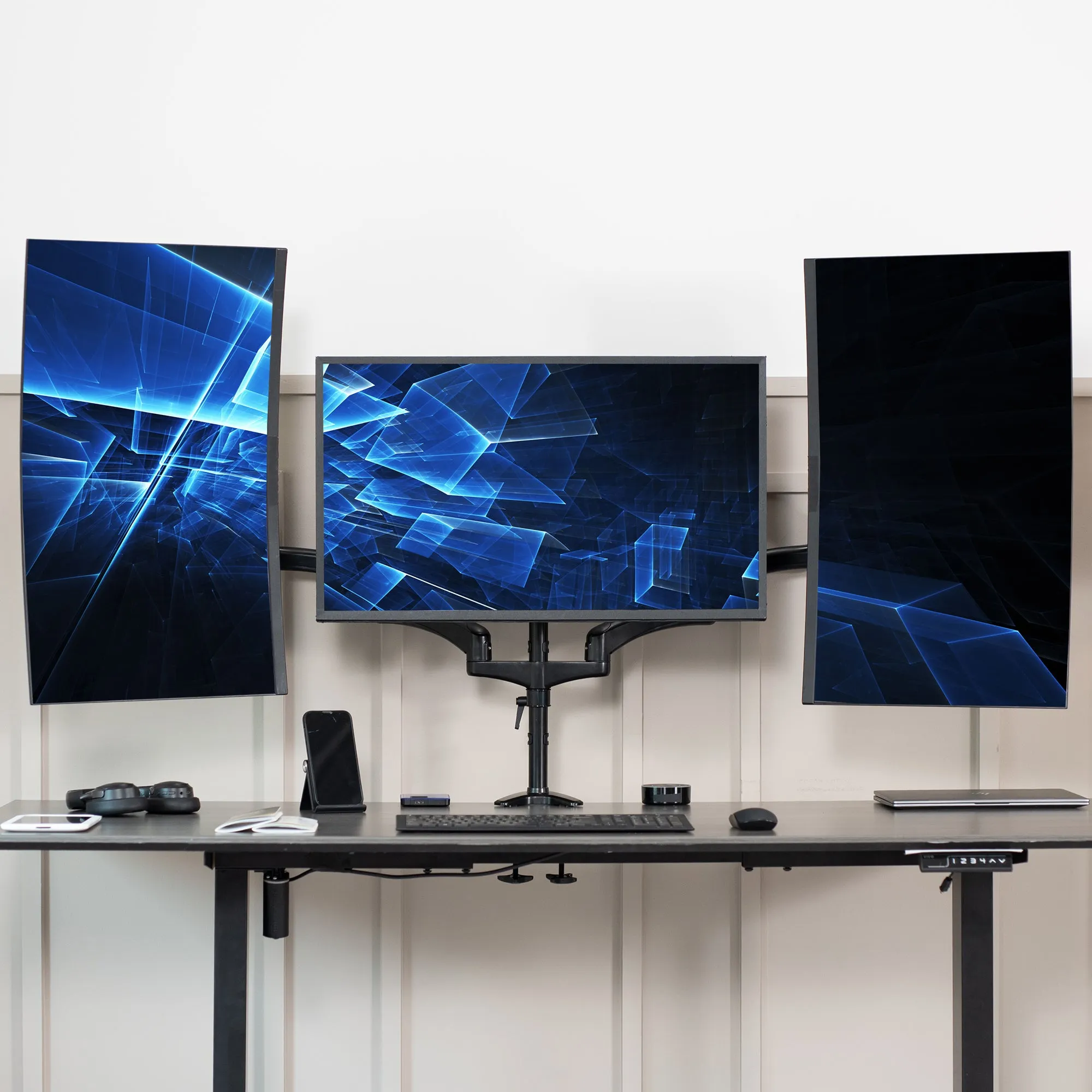 Triple Monitor Desk Mount (2 Pneumatic Arms   1 Fixed)