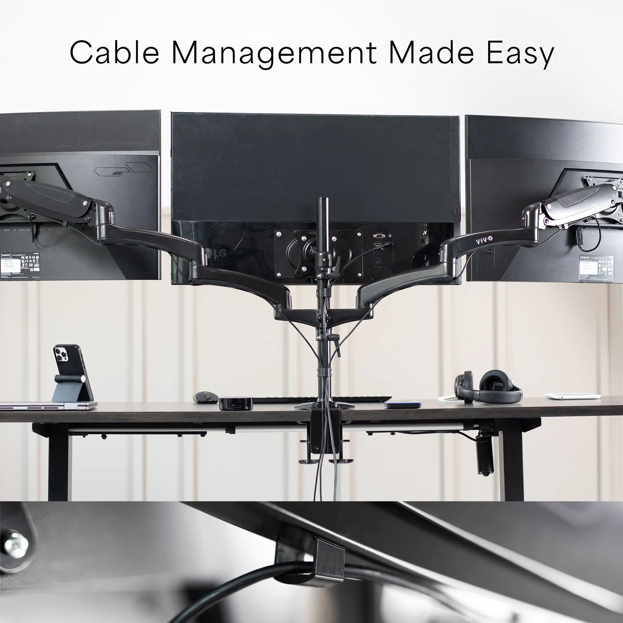 Triple Monitor Desk Mount (2 Pneumatic Arms   1 Fixed)