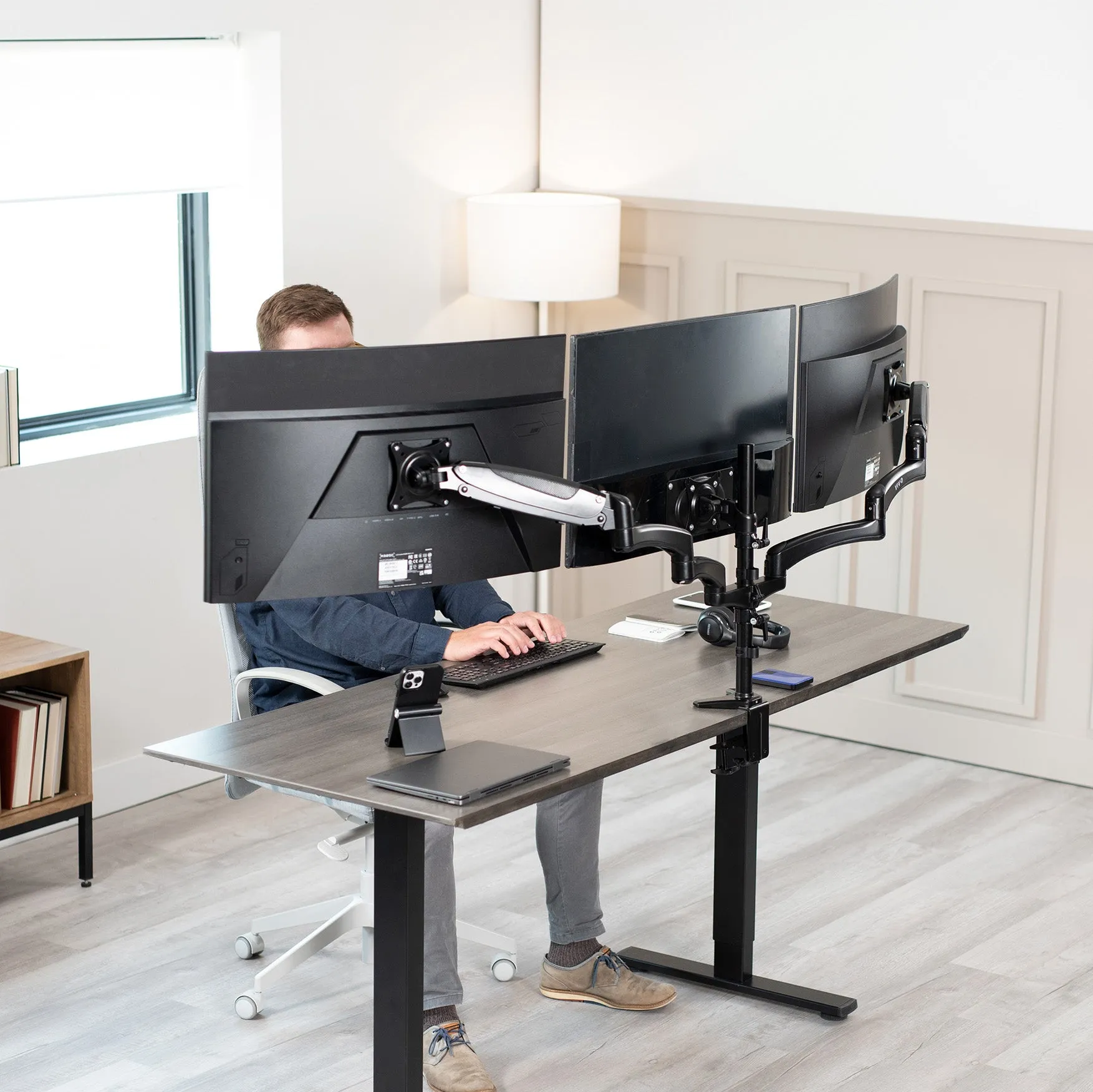 Triple Monitor Desk Mount (2 Pneumatic Arms   1 Fixed)