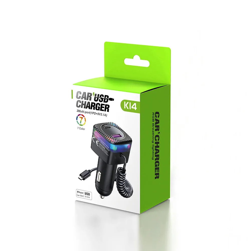 USB C Car Charger With 100W Type C Coiled Cable FM Transmitter