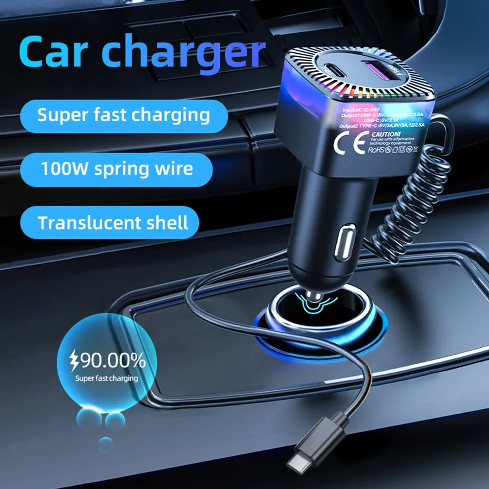 USB C Car Charger With 100W Type C Coiled Cable FM Transmitter