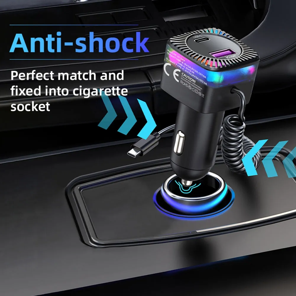 USB C Car Charger With 100W Type C Coiled Cable FM Transmitter