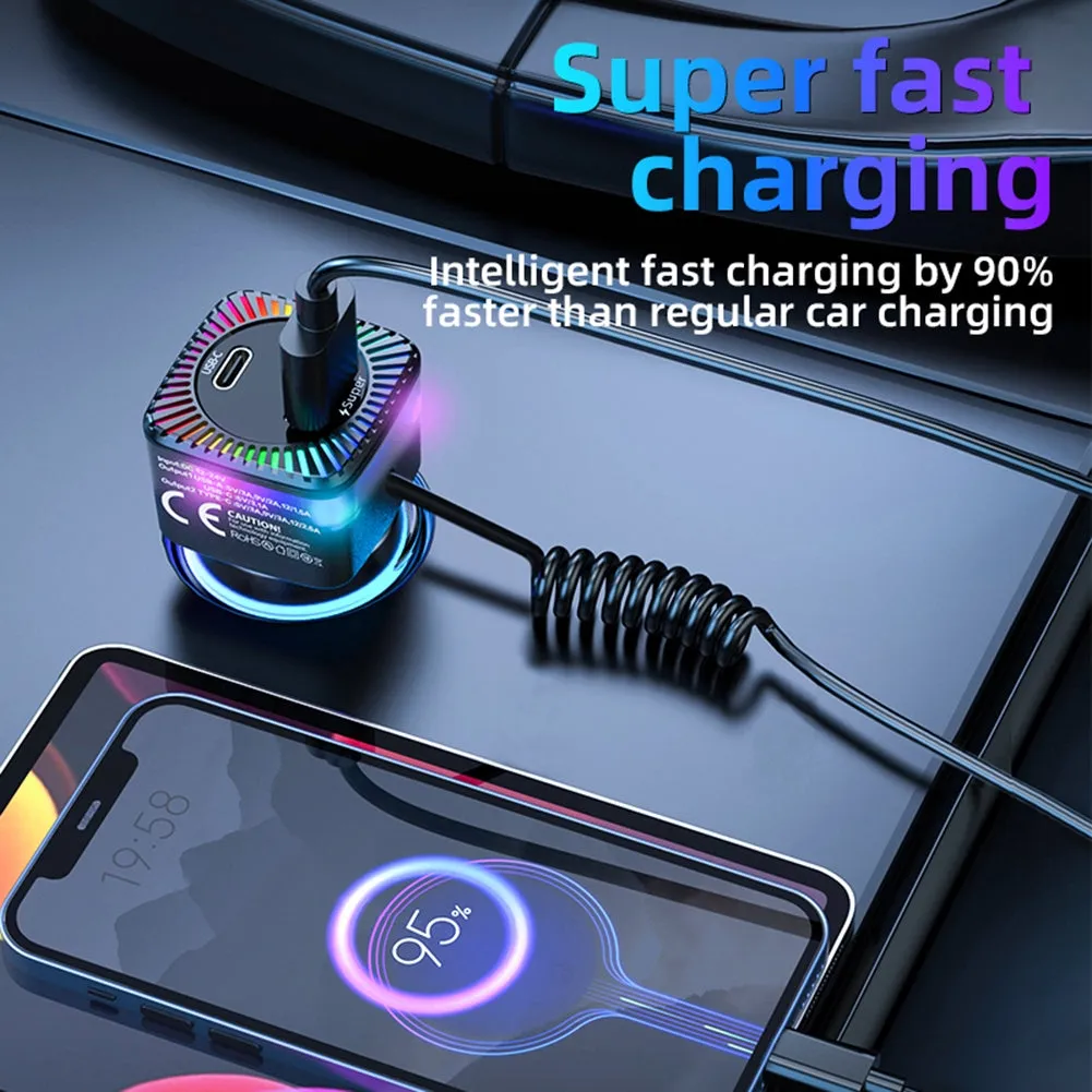 USB C Car Charger With 100W Type C Coiled Cable FM Transmitter